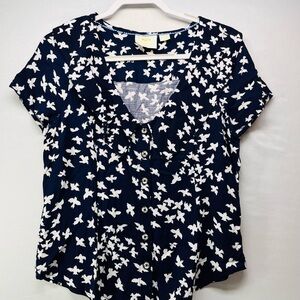 Maeve Navy‎ and White Bird Pattern Blouse